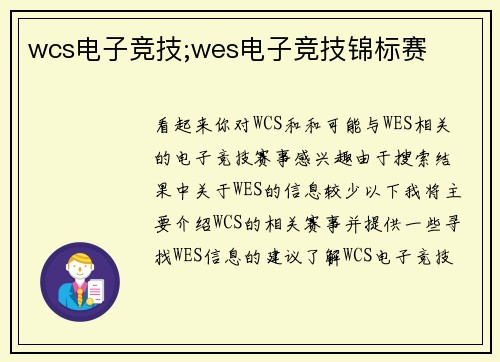 wcs电子竞技;wes电子竞技锦标赛